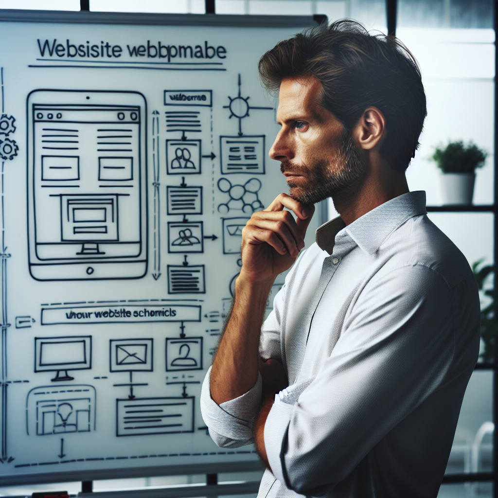 Un entrepreneur réfléchissant devant un tableau blanc avec des schémas de site web.
