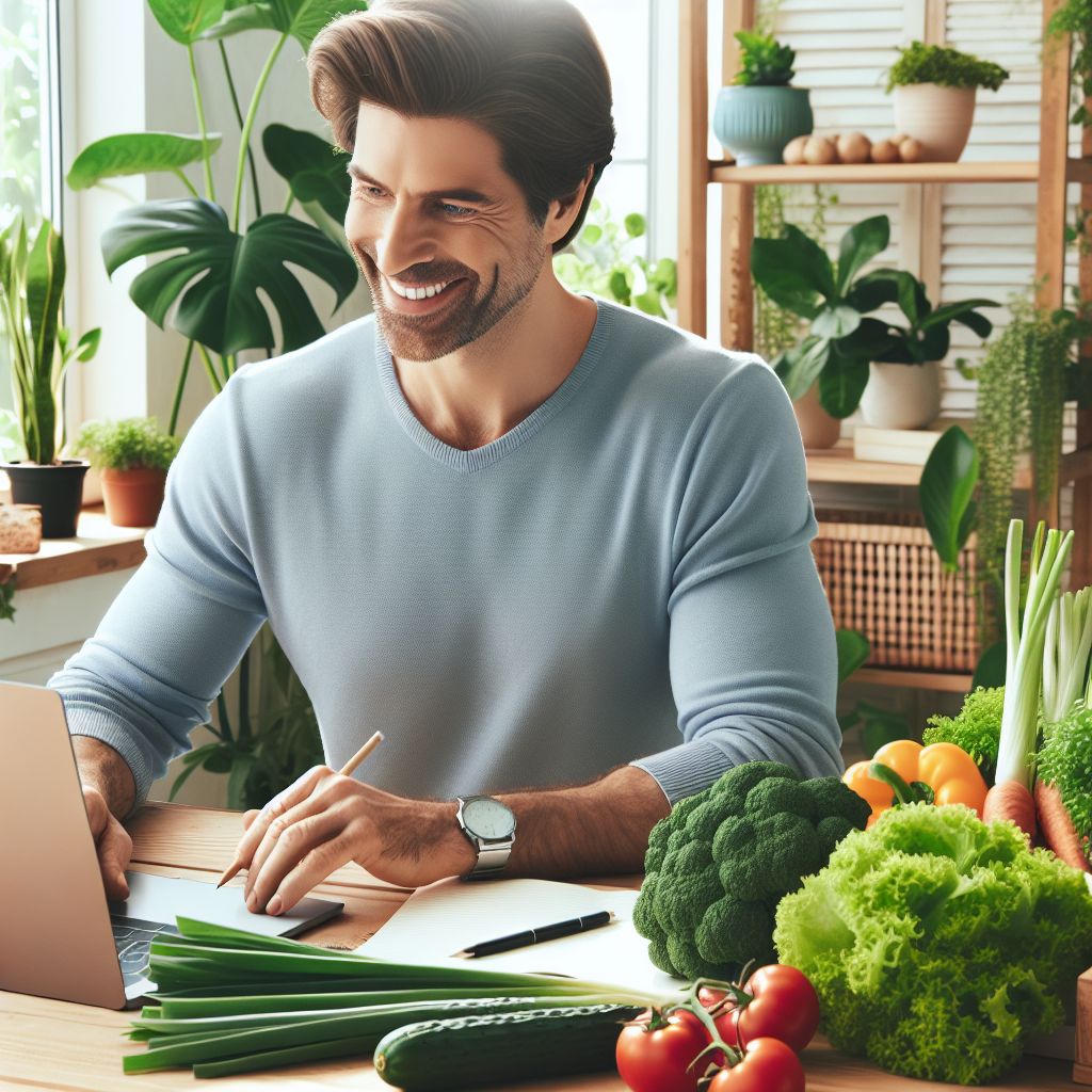 Un entrepreneur souriant travaillant sur un ordinateur portable, entouré de plantes et de légumes frais.