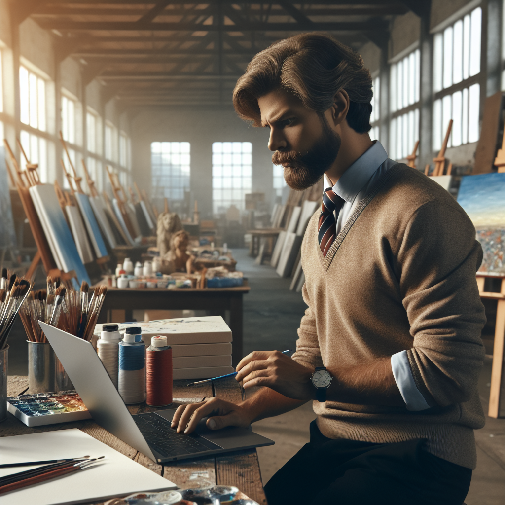 Un entrepreneur utilisant un ordinateur portable dans un atelier de peinture