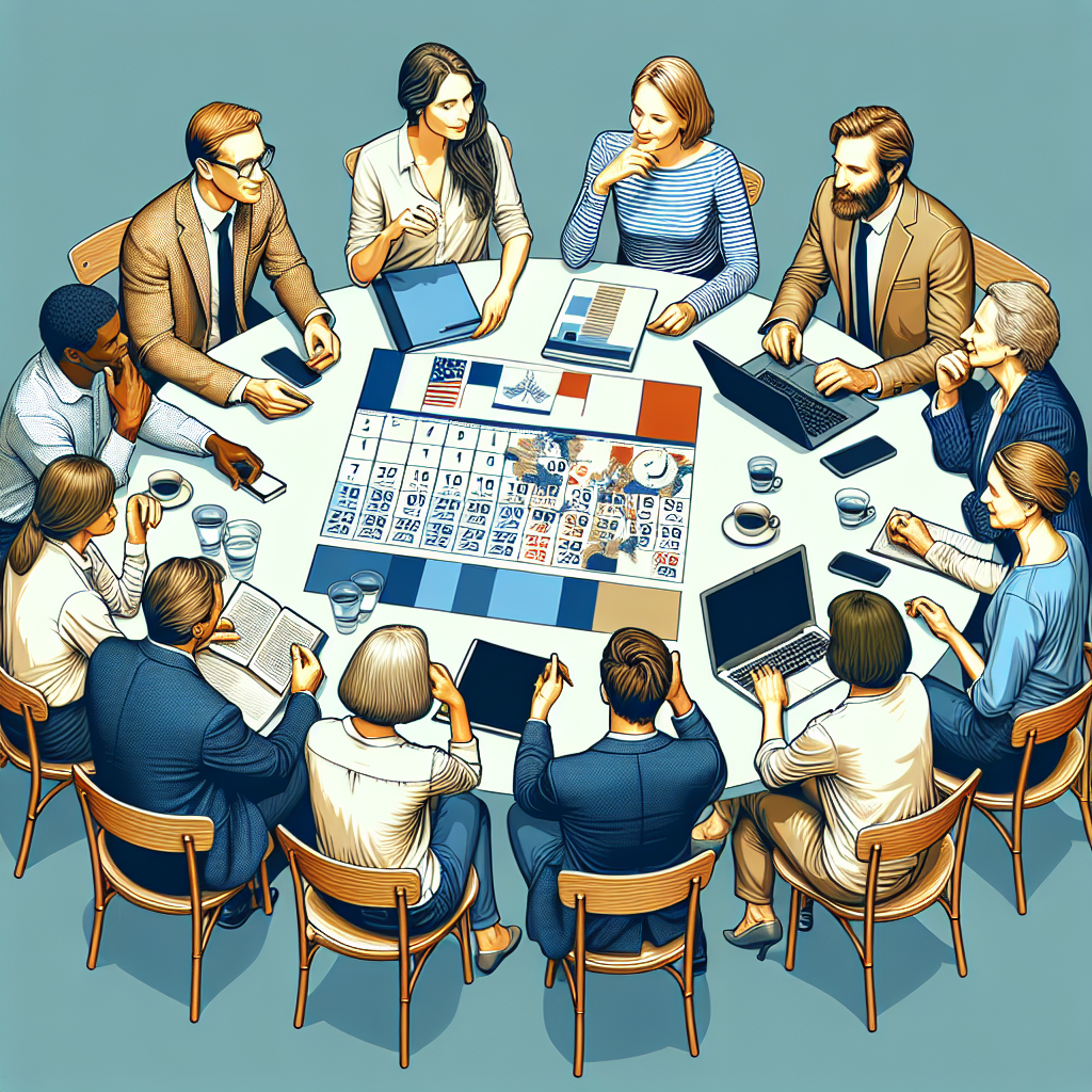 Un groupe de personnes discutant autour d'une table avec des ordinateurs portables et des calendriers.