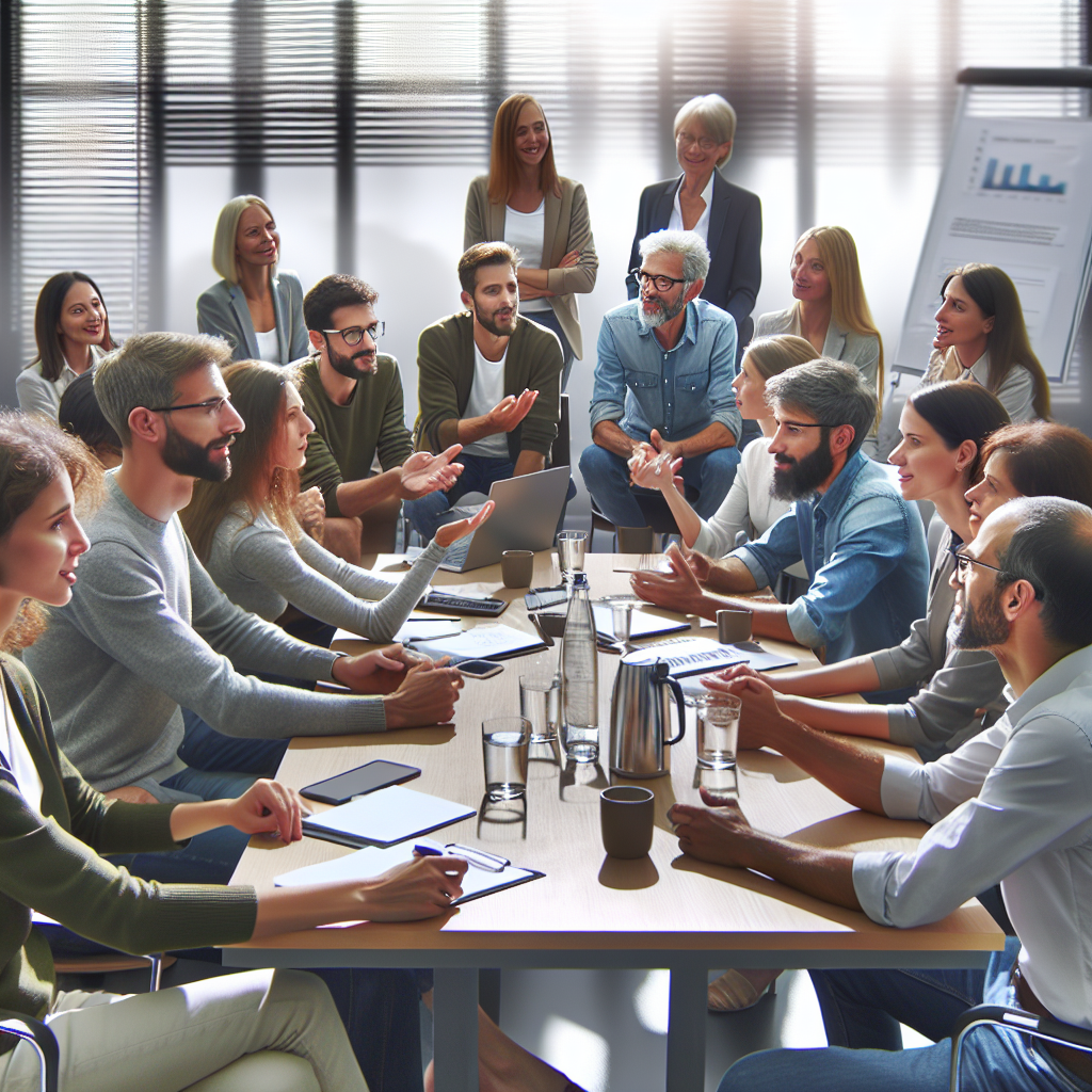 Un groupe de personnes enthousiastes partageant des idées dans une salle de réunion.