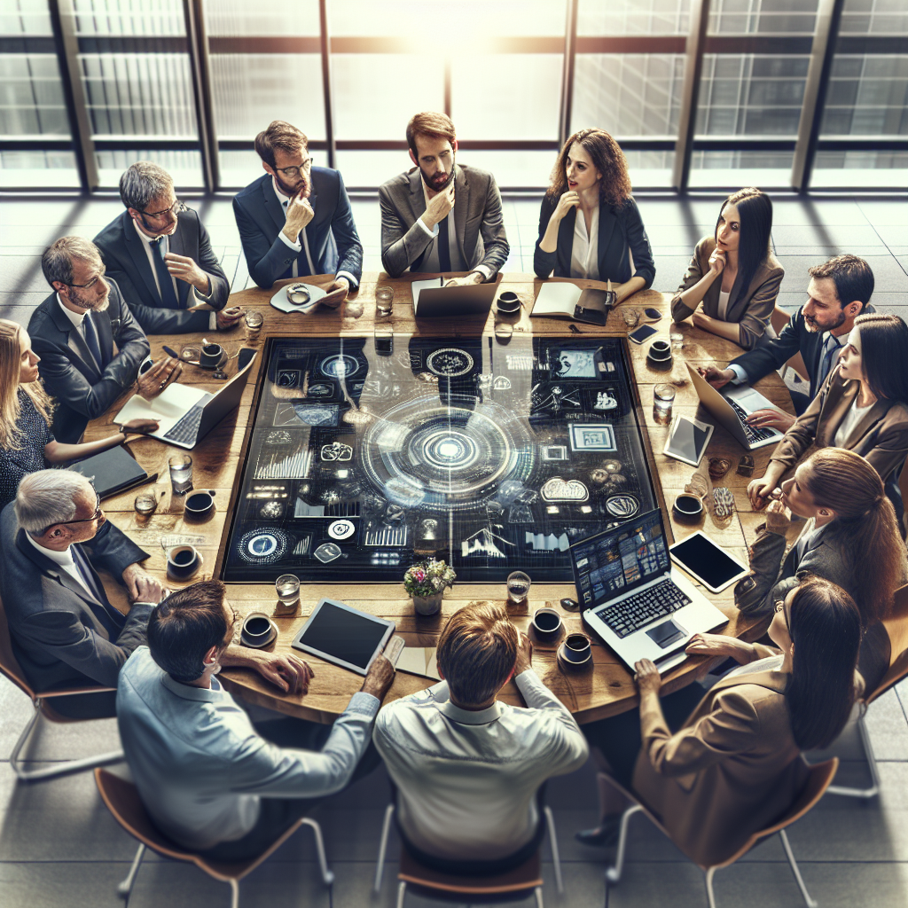 Un groupe de professionnels discutant des tendances technologiques autour d'une table.