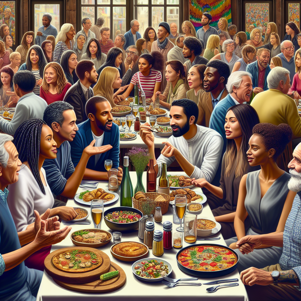 Un groupe diversifié de personnes discutant autour d'une table avec des plats variés.
