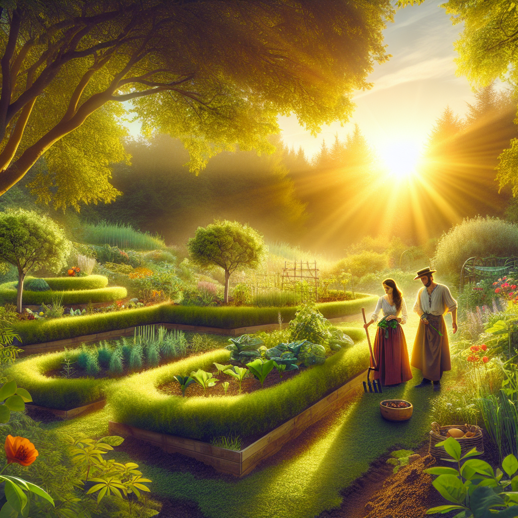 Un jardin de permaculture luxuriant au lever du soleil.