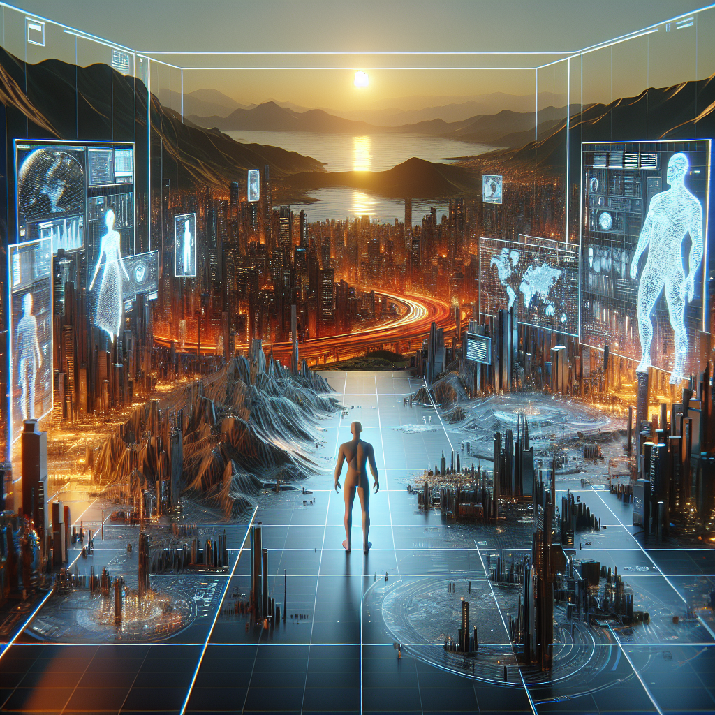 Un paysage numérique futuriste avec des éléments de réalité augmentée.