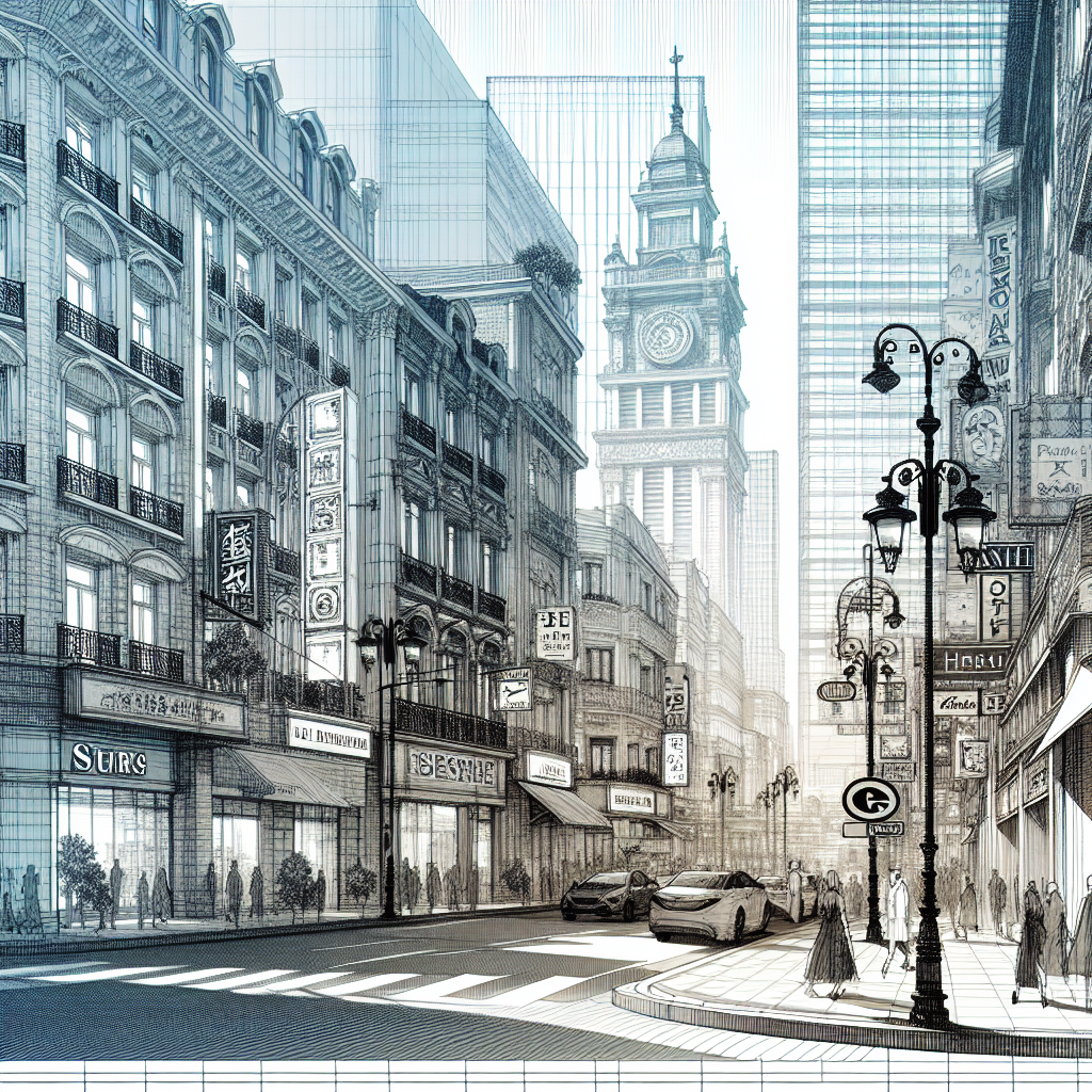 Un paysage urbain avec des enseignes de magasins.