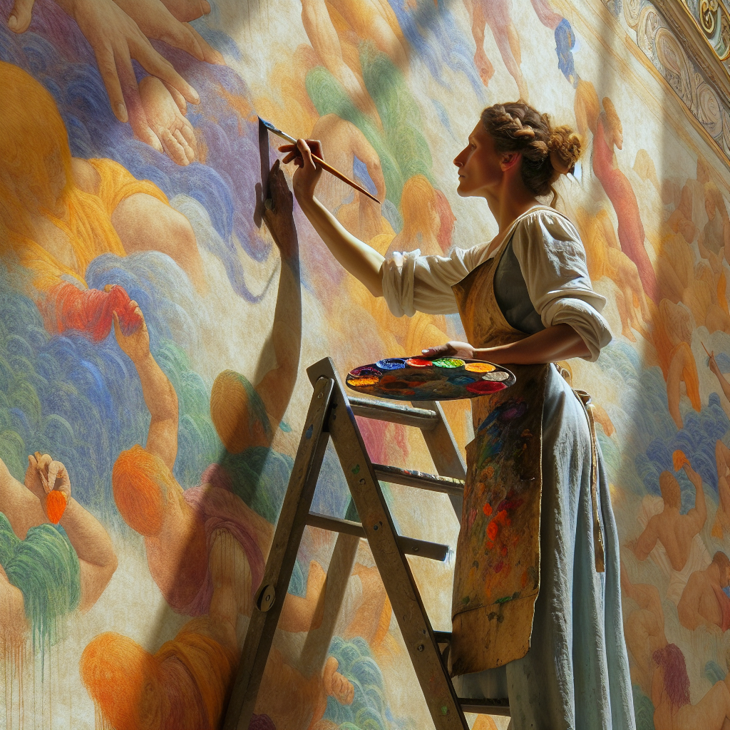 Un peintre mural en train de travailler sur une fresque colorée