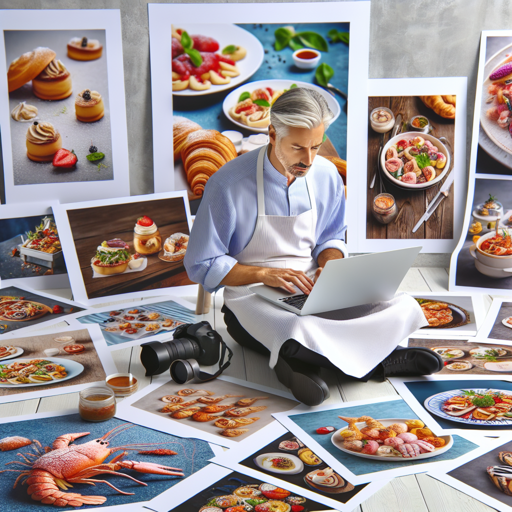 Un photographe culinaire travaillant sur un ordinateur portable avec des échantillons de photos de plats autour de lui.