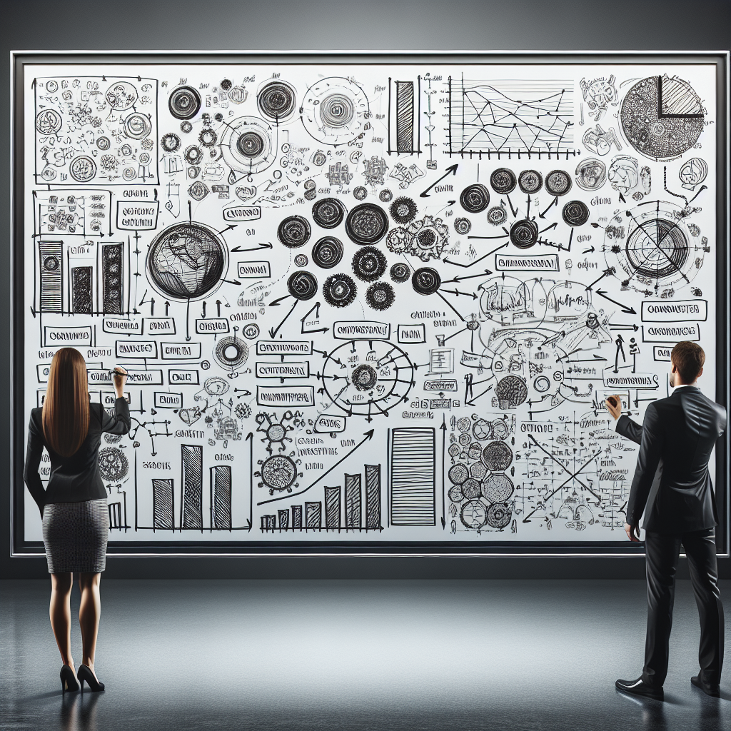 Un tableau blanc rempli de notes et de diagrammes représentant un plan de contenu.