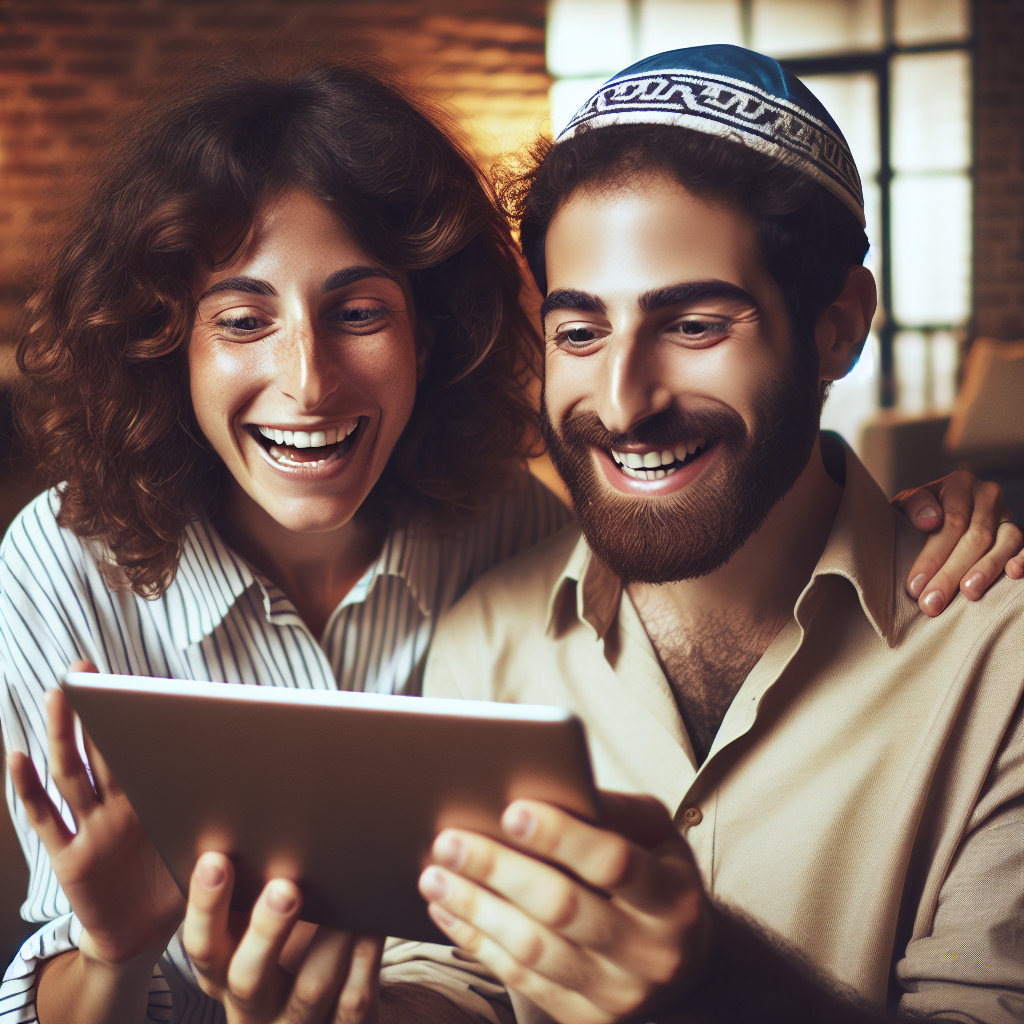 Un utilisateur interagissant joyeusement avec un site web sur une tablette.