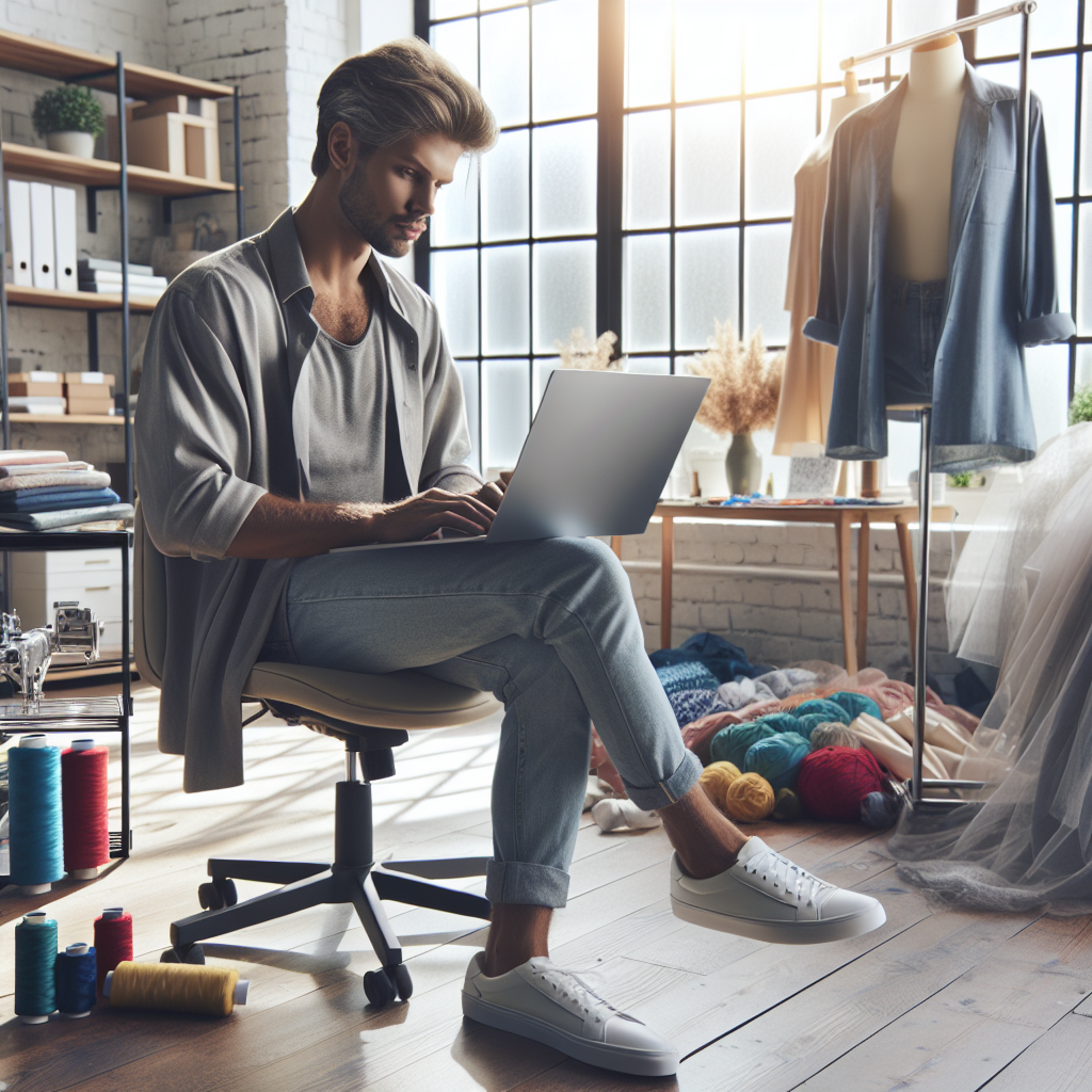 Une créatrice de mode travaillant sur un ordinateur portable dans un atelier lumineux.