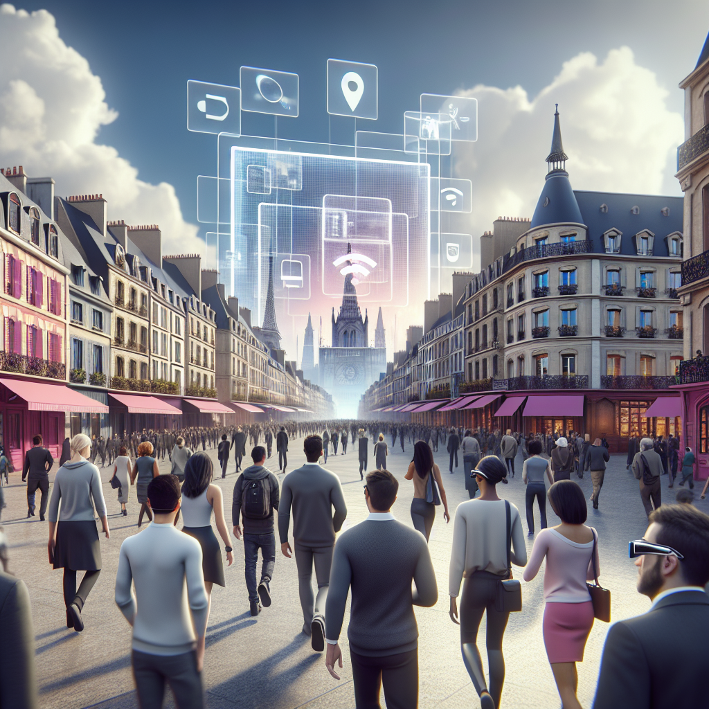 Une illustration futuriste montrant l'intégration de la réalité augmentée dans la vie quotidienne.