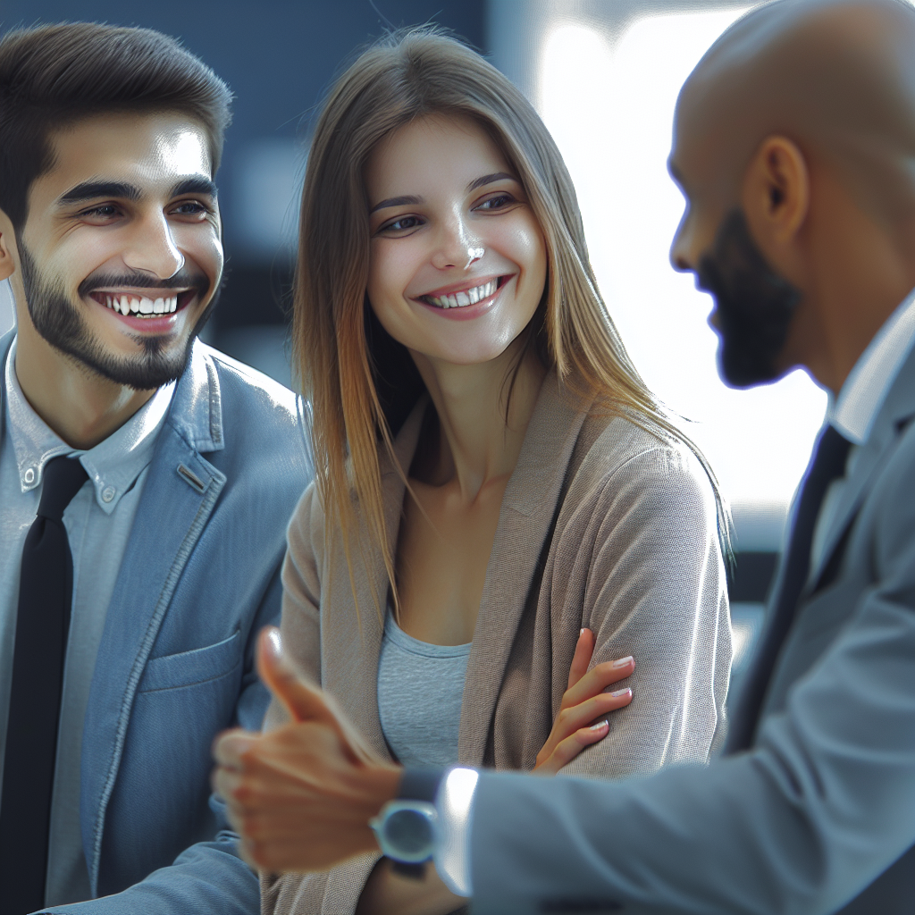 Des clients satisfaits discutant avec un employé.