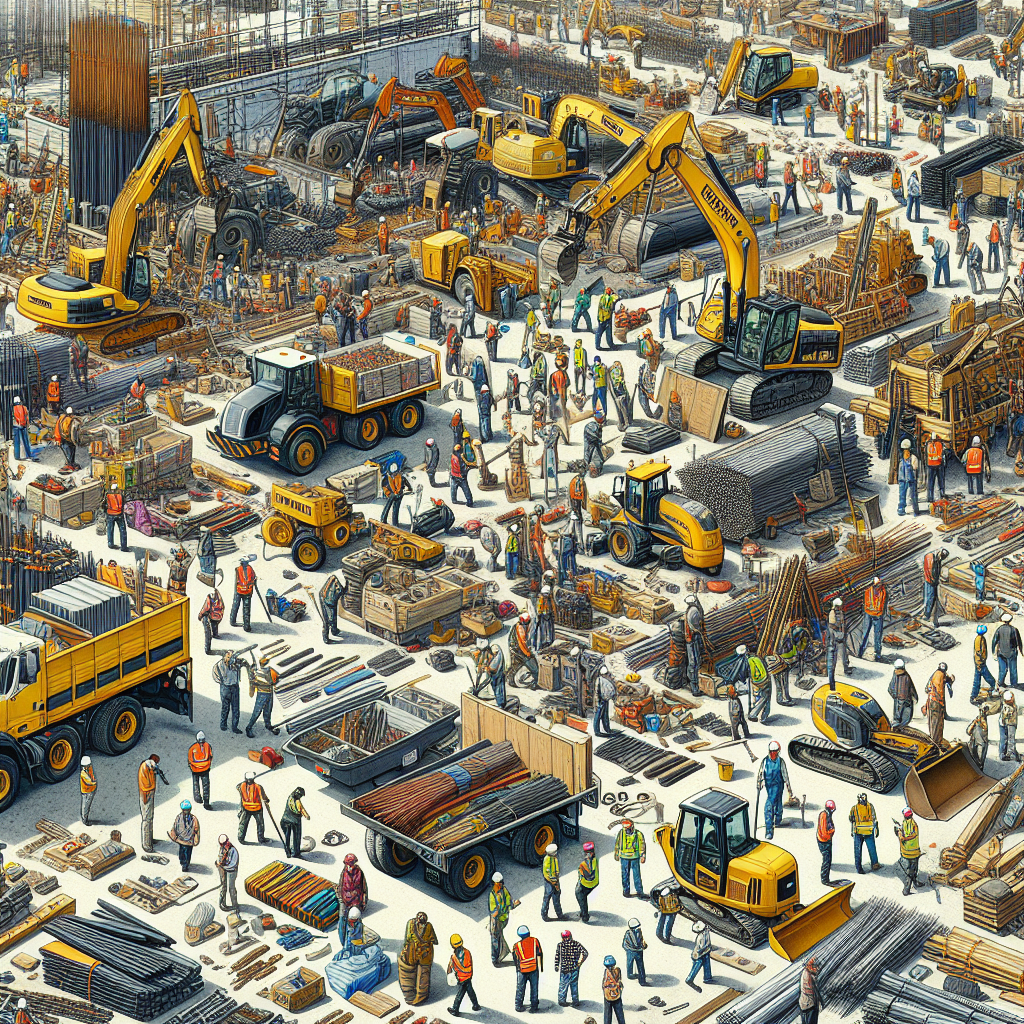 Illustration d'équipements de construction variés sur un chantier.