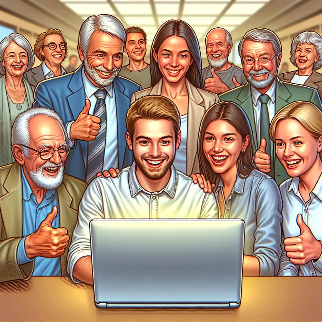 Personnes satisfaites utilisant un ordinateur portable avec un site web ouvert.