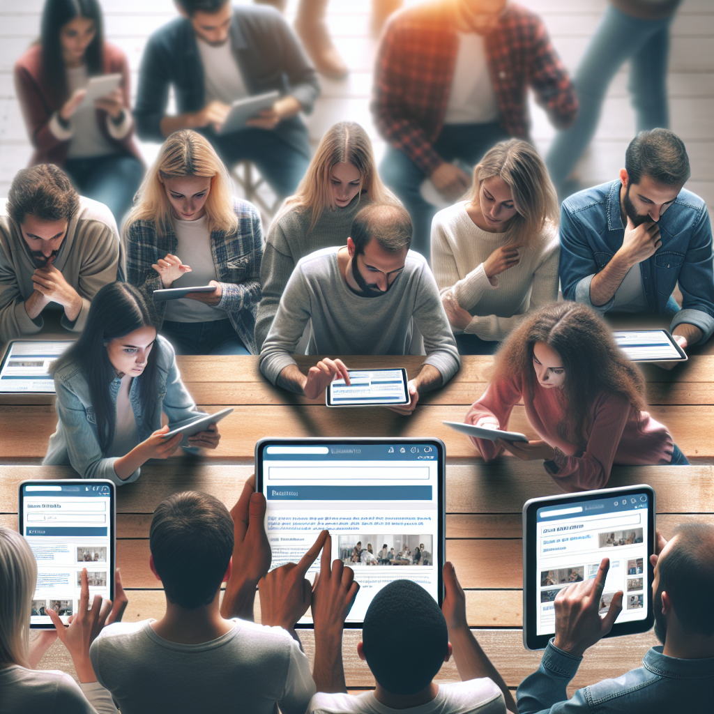 Personnes utilisant des tablettes et interactuant avec un site web.