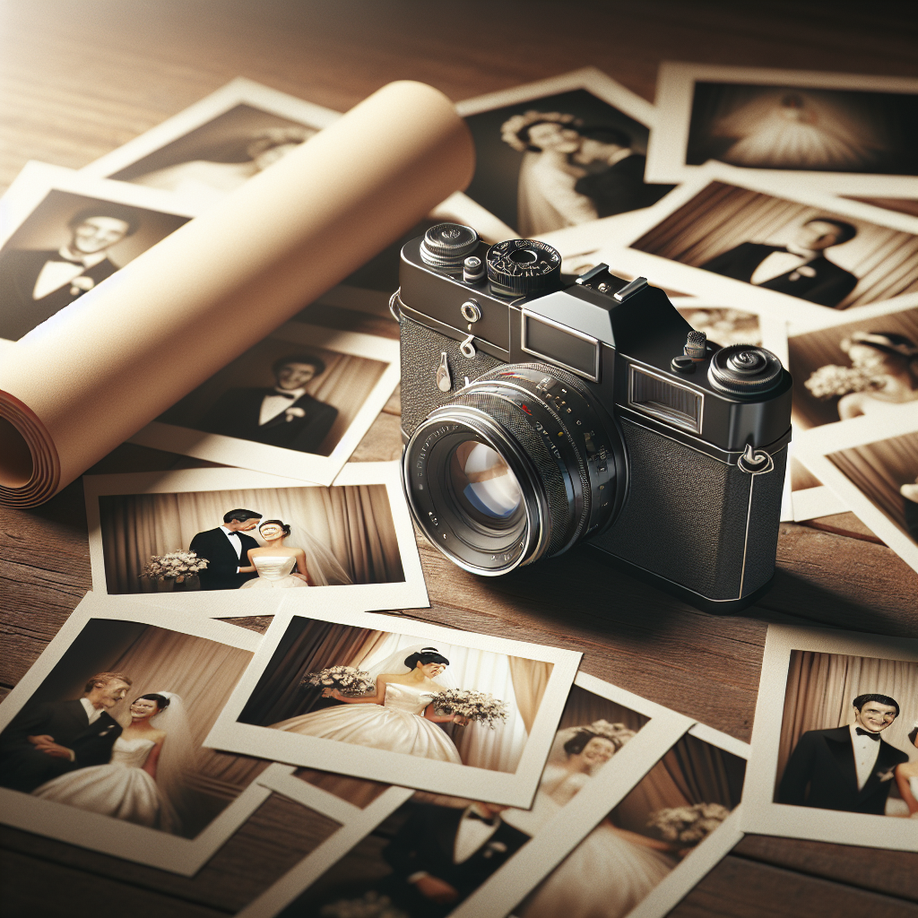 Un appareil photo professionnel posé sur une table avec des photos de mariage éparpillées autour.