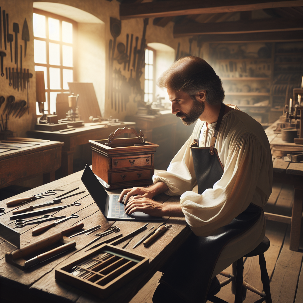 Un artisan travaillant sur un ordinateur portable dans un atelier lumineux.