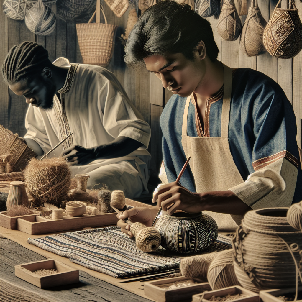 Un artisan travaillant sur un produit, entouré de matériaux naturels.