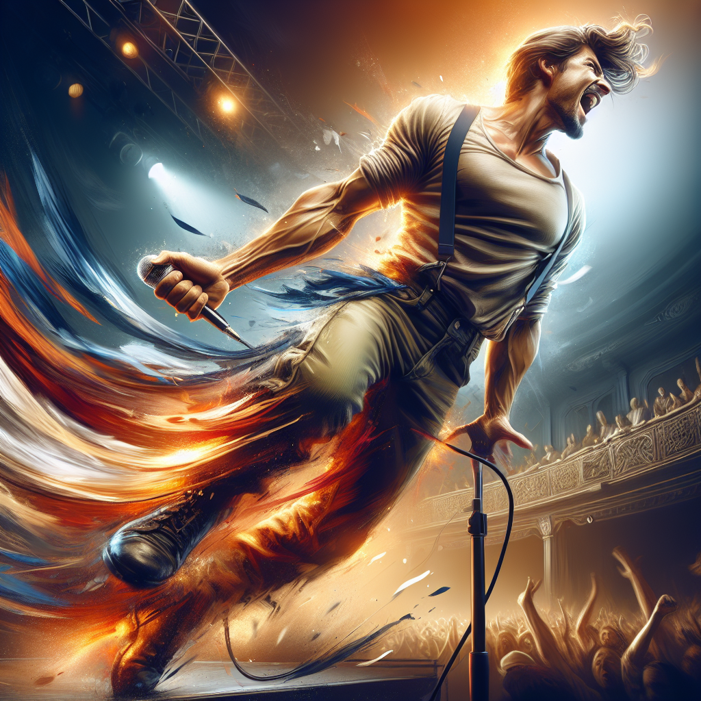 Un artiste de spectacle vivant en pleine performance sur scène.