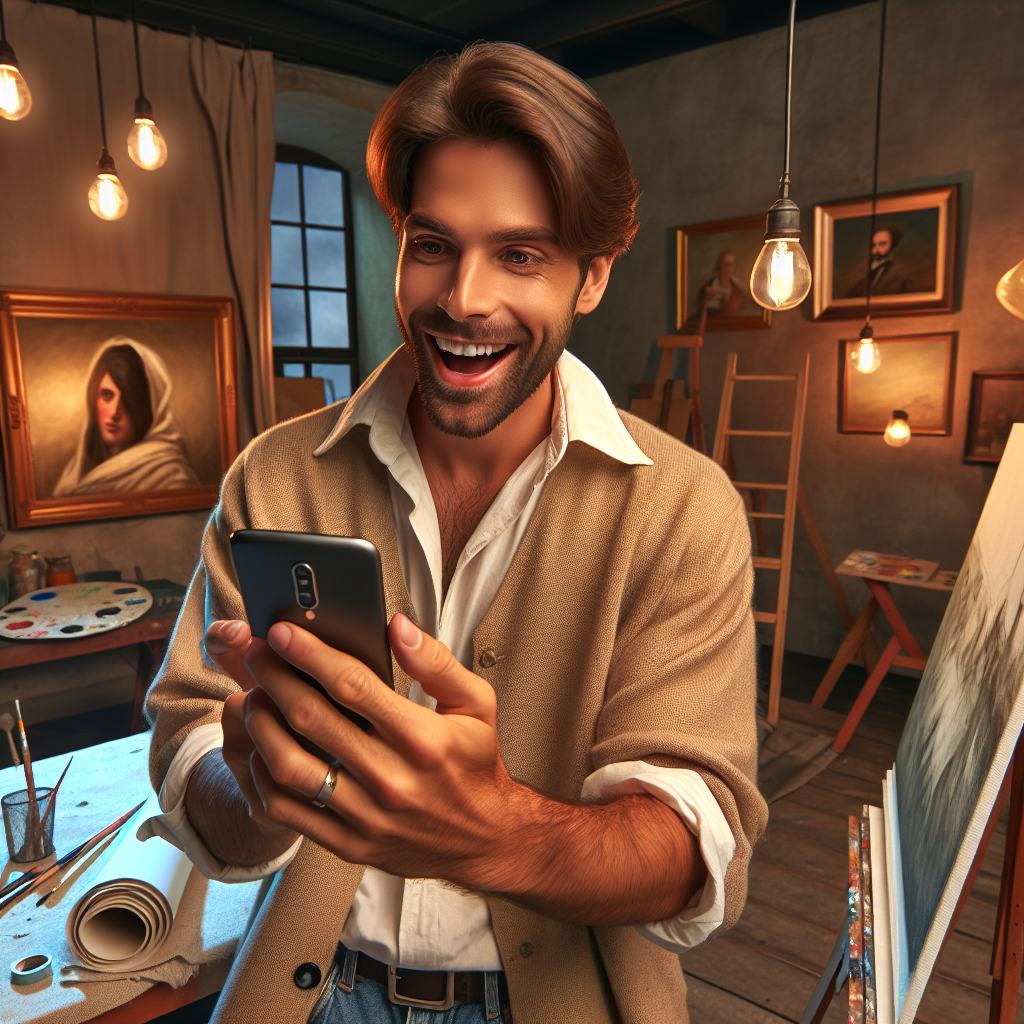 Un artiste partageant son site web sur les réseaux sociaux via un smartphone.