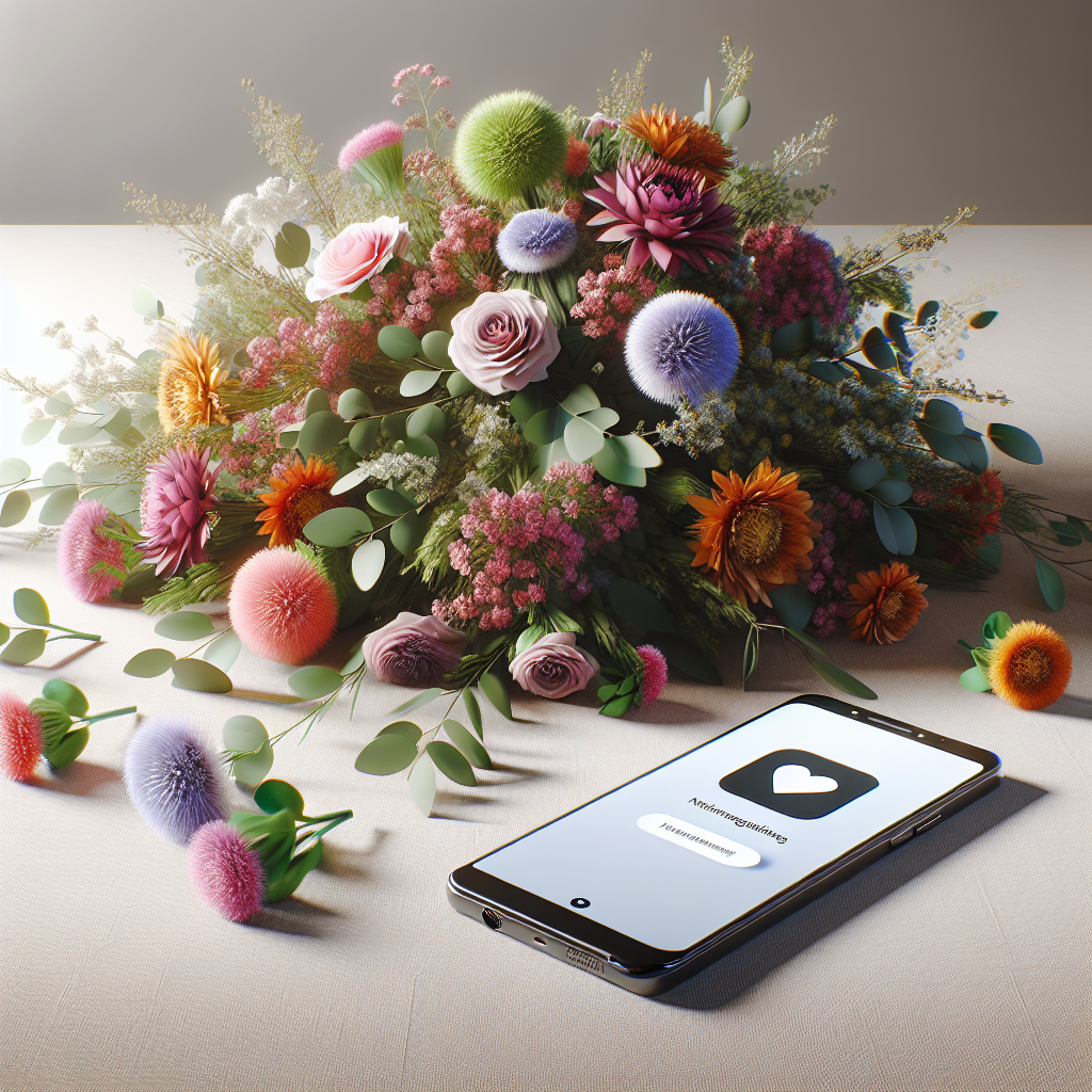 Un bouquet de fleurs à côté d'un smartphone affichant une application de réseau social.