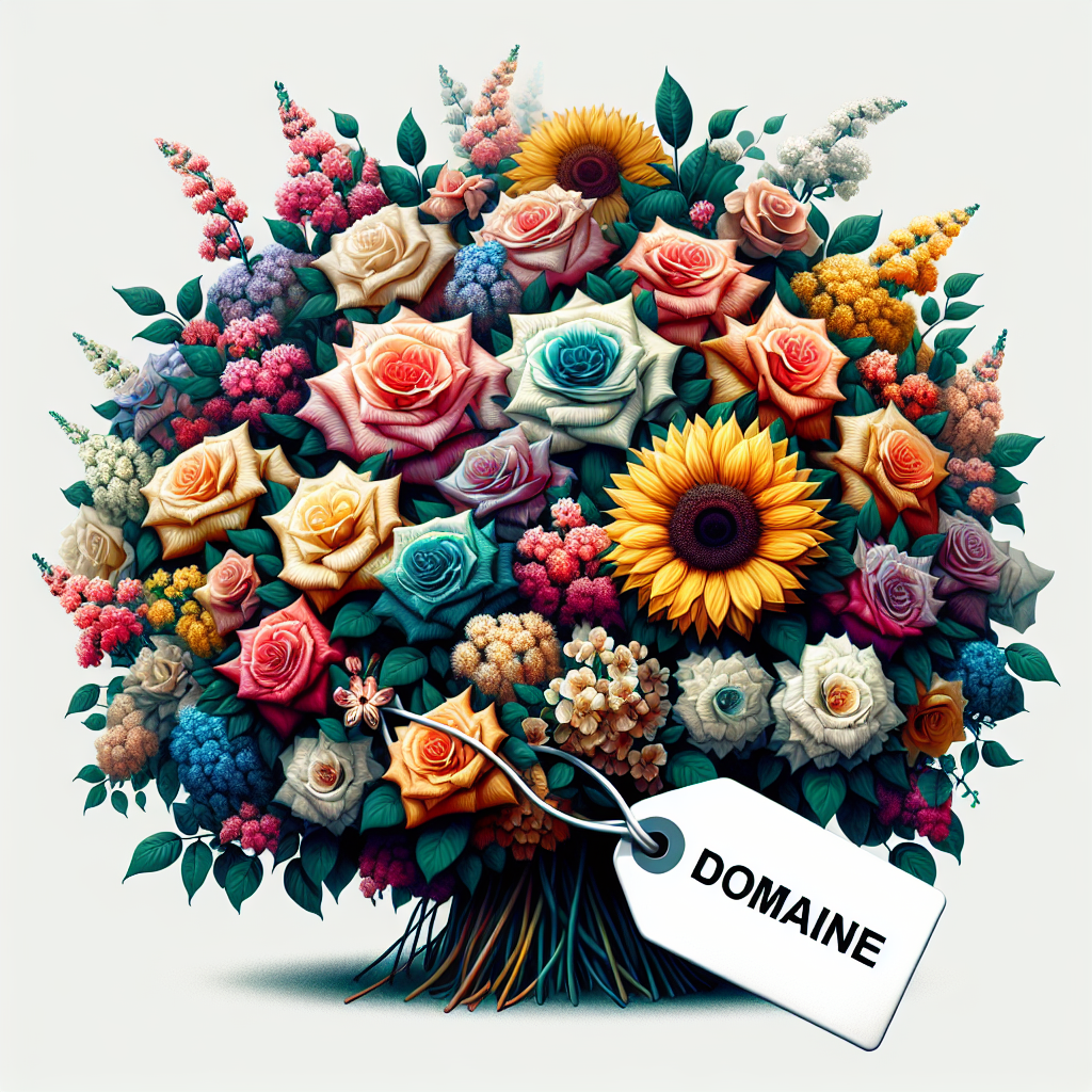 Un bouquet de fleurs avec une étiquette portant un nom de domaine.