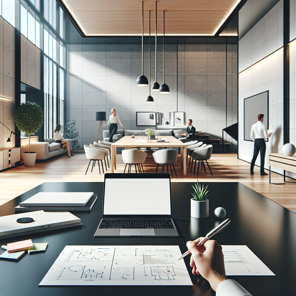 Un bureau moderne avec un ordinateur portable ouvert et des notes de brainstorming.