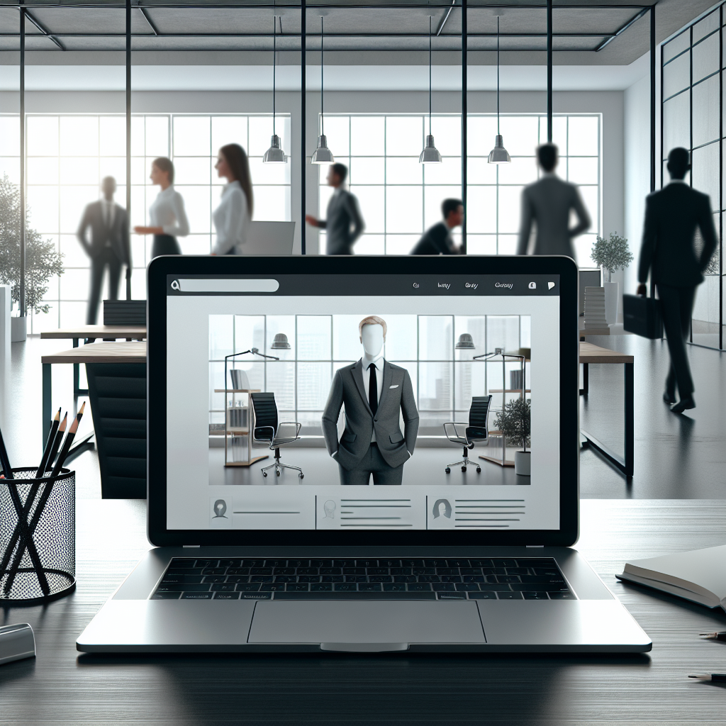 Un bureau moderne avec un ordinateur portable affichant un site web professionnel.