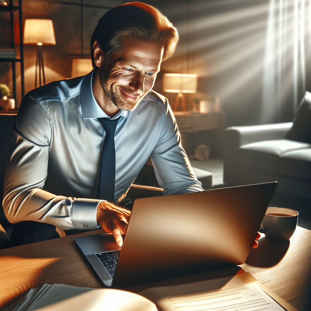 Un client satisfait laissant un avis positif sur un ordinateur portable.