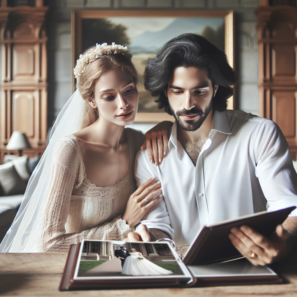 Un couple de mariés regardant un album photo de mariage.