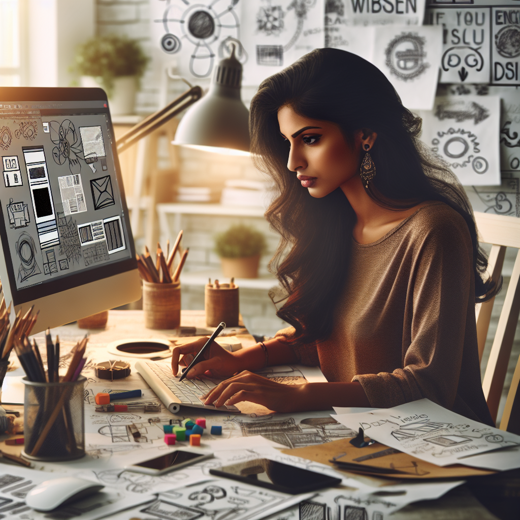 Un designer travaillant sur un ordinateur avec des croquis de site web.