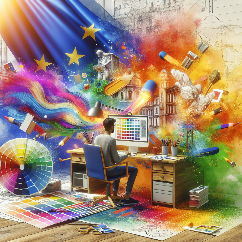 Un designer travaillant sur un ordinateur avec des échantillons de couleurs et de design.