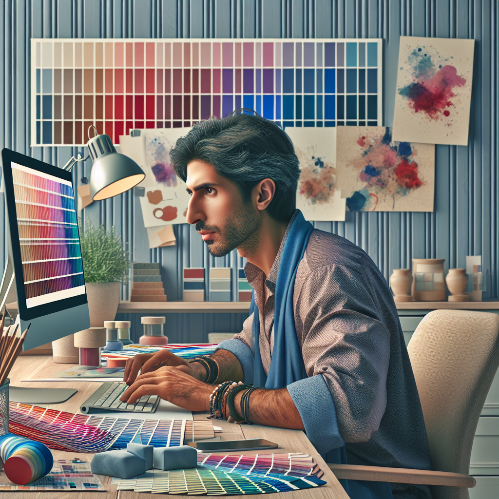 Un designer travaillant sur un ordinateur avec des échantillons de couleurs.