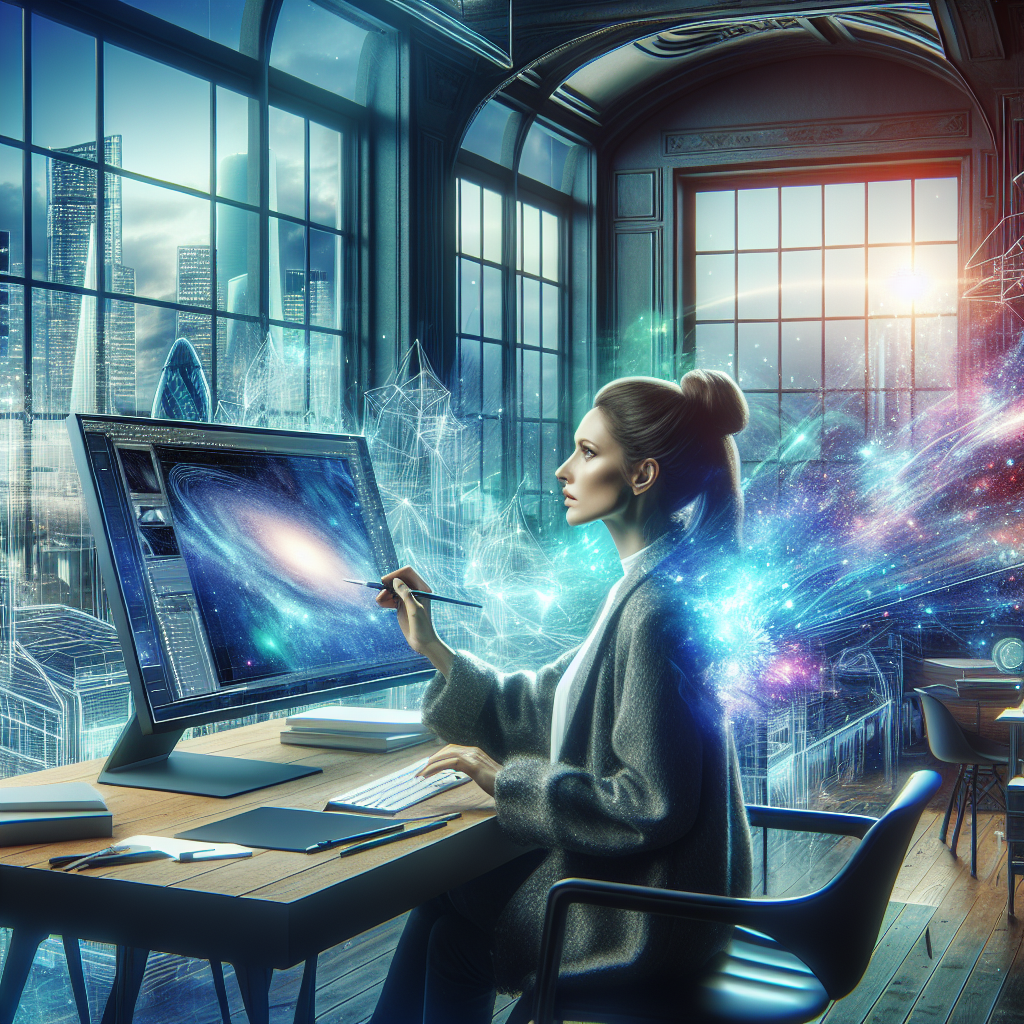 Un designer travaillant sur un ordinateur avec des éléments graphiques futuristes.