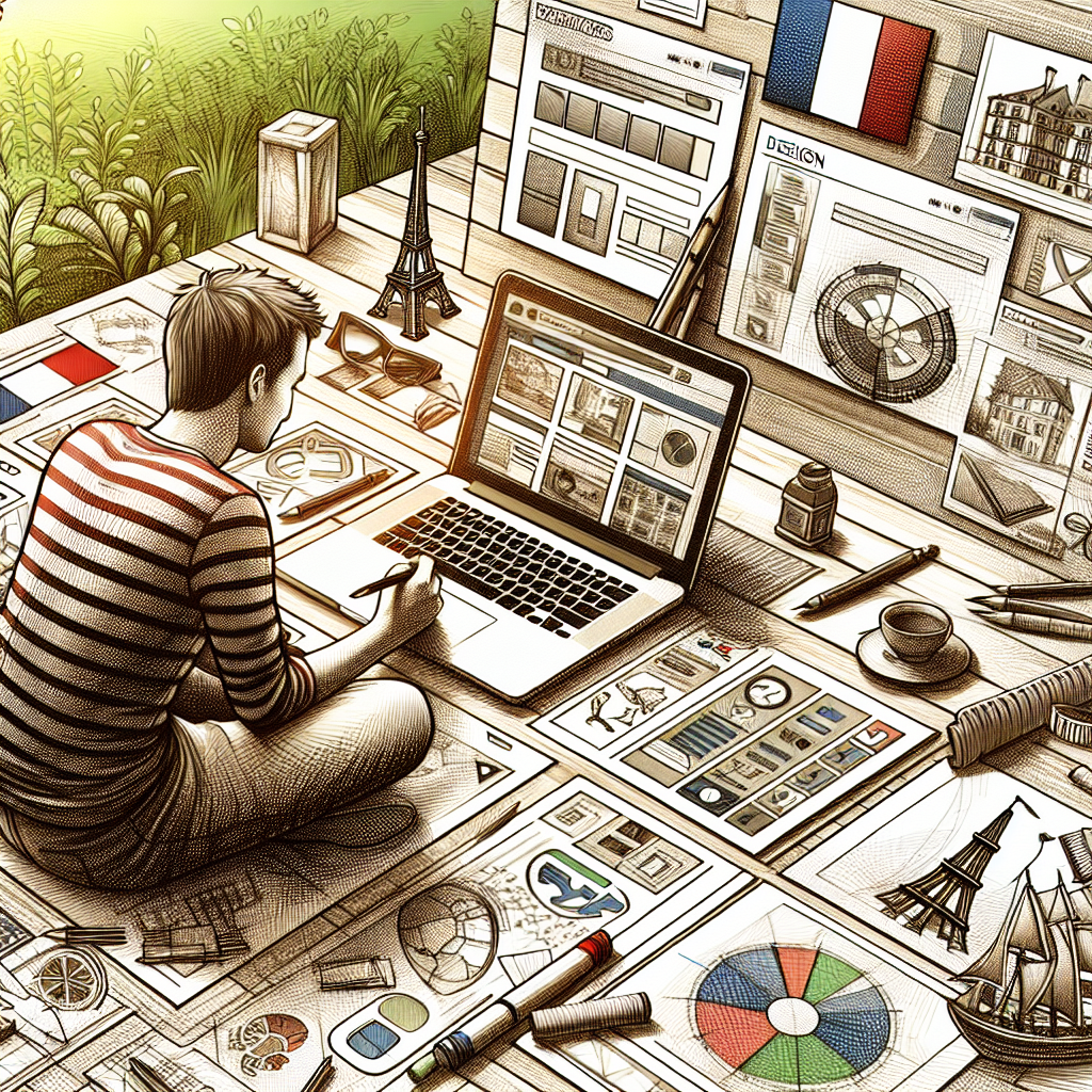 Un designer travaillant sur un ordinateur portable avec des croquis de site web autour de lui.