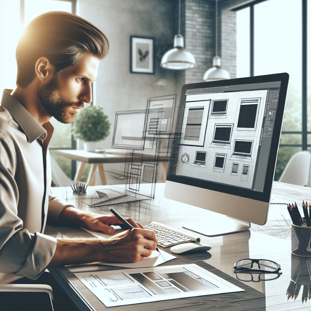 Un designer travaillant sur un ordinateur avec des croquis de design web autour de lui.