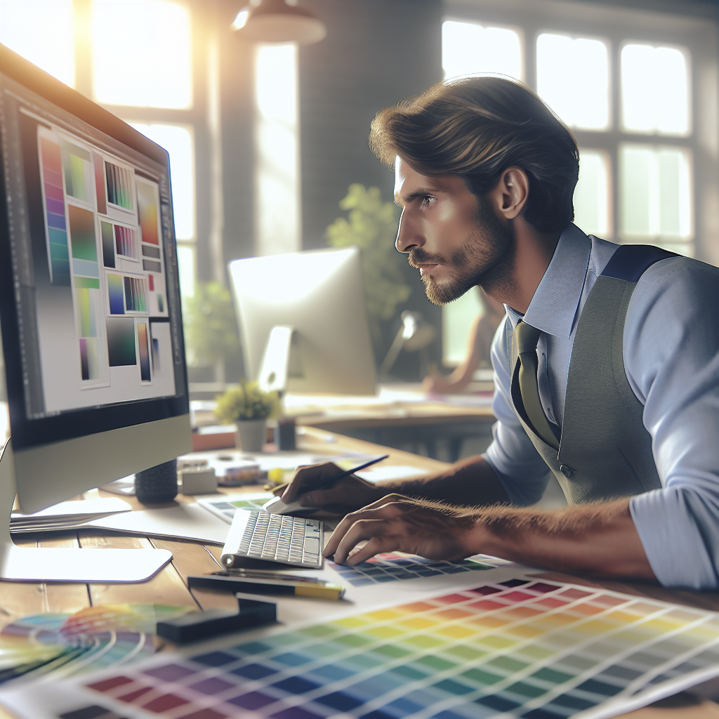 Un designer travaillant sur un ordinateur avec des échantillons de couleurs et de design.