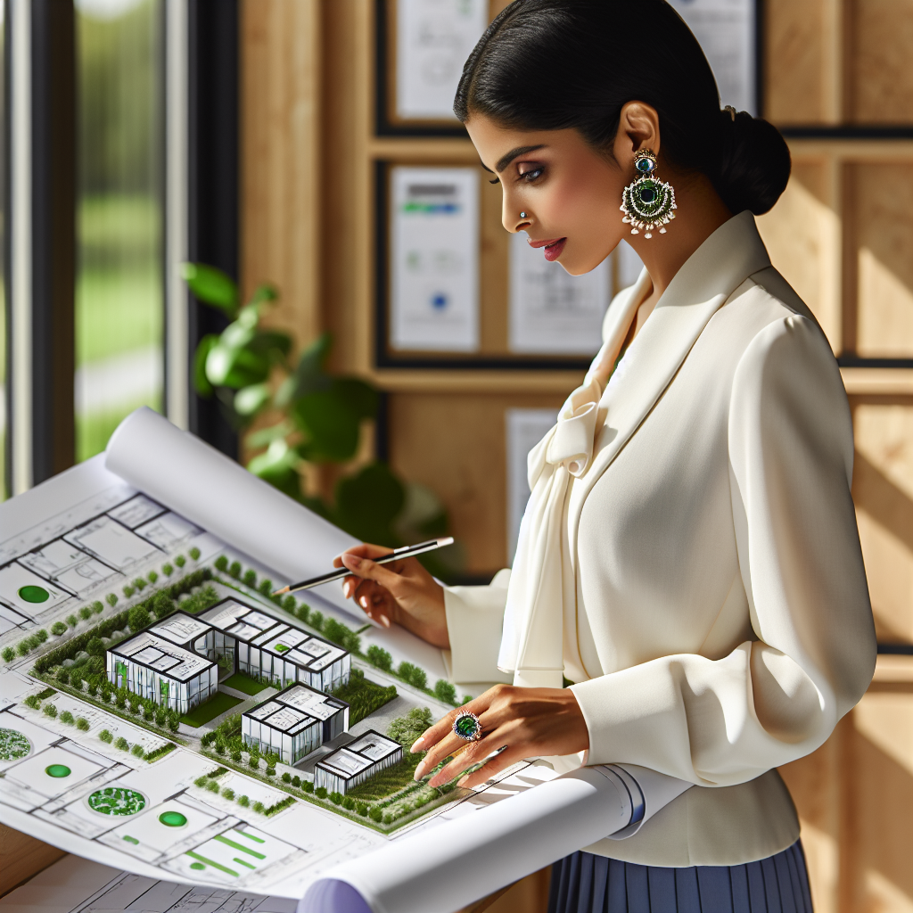 Un entrepreneur examinant des plans de construction écologique.