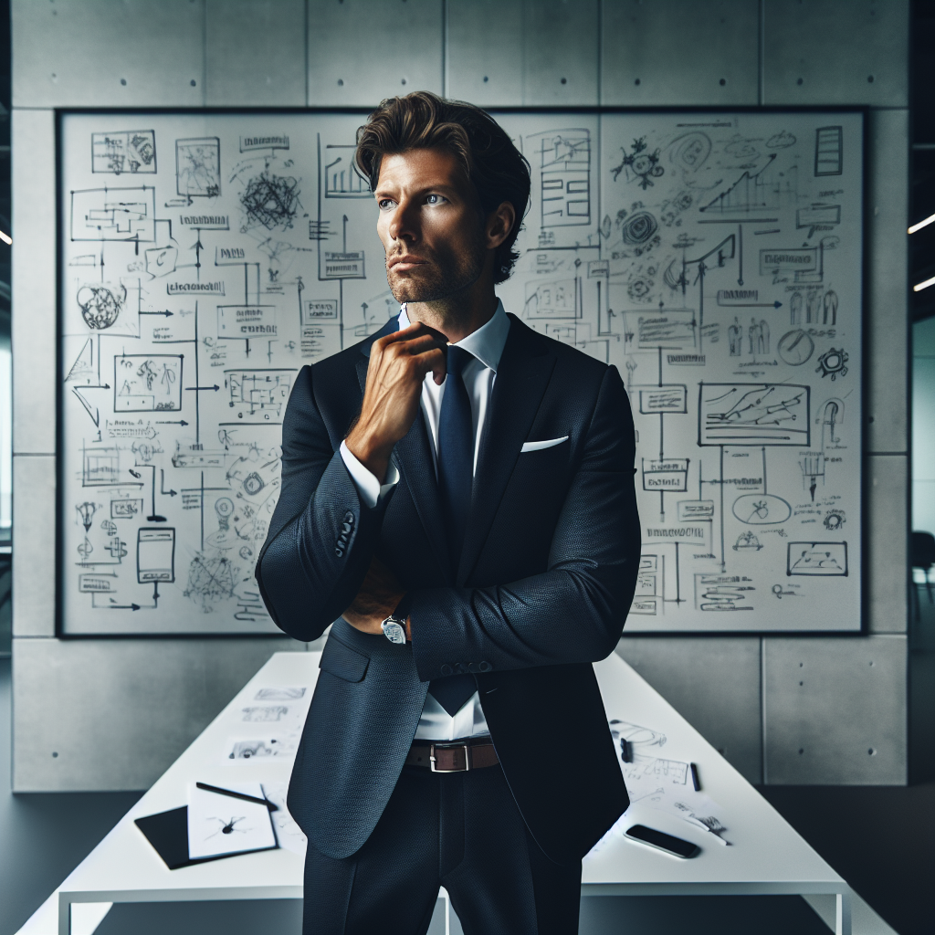 Un entrepreneur réfléchissant à ses objectifs devant un tableau blanc.