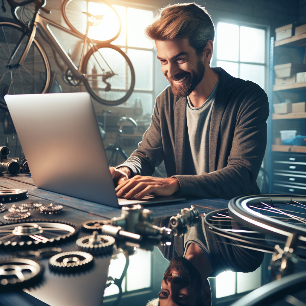 Un entrepreneur souriant travaillant sur un ordinateur portable dans un atelier de vélos.