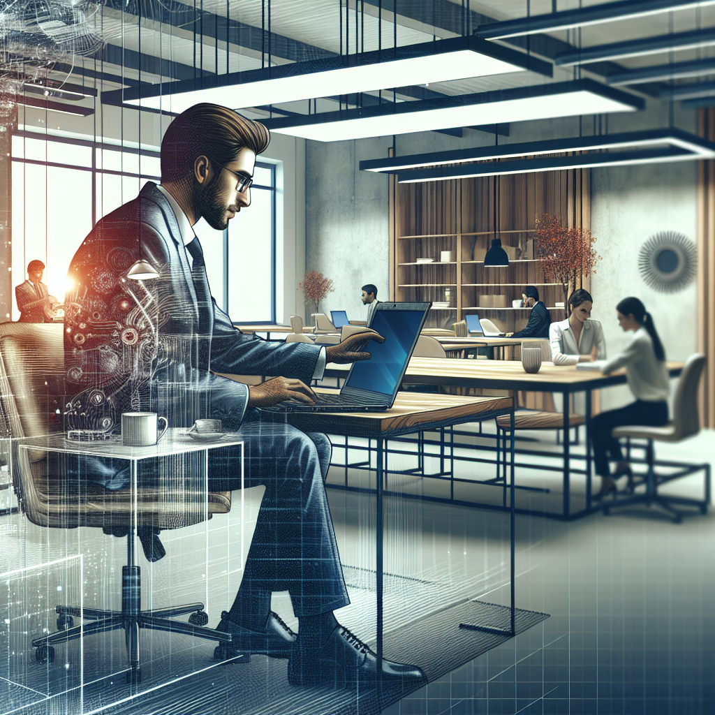 Un entrepreneur utilisant un ordinateur portable dans un environnement de bureau moderne.