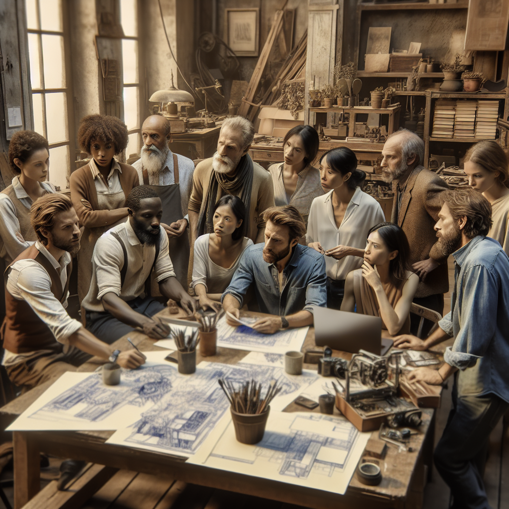 Un groupe d'artisans discutant autour d'une table avec des croquis et des ordinateurs.