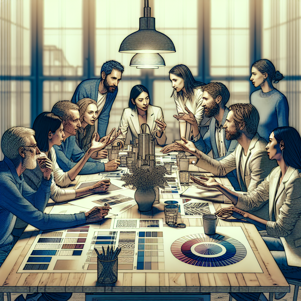 Un groupe de personnes discutant autour d'une table avec des échantillons de design.