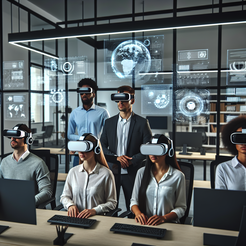 Un groupe de personnes utilisant des casques de réalité augmentée dans un bureau moderne.