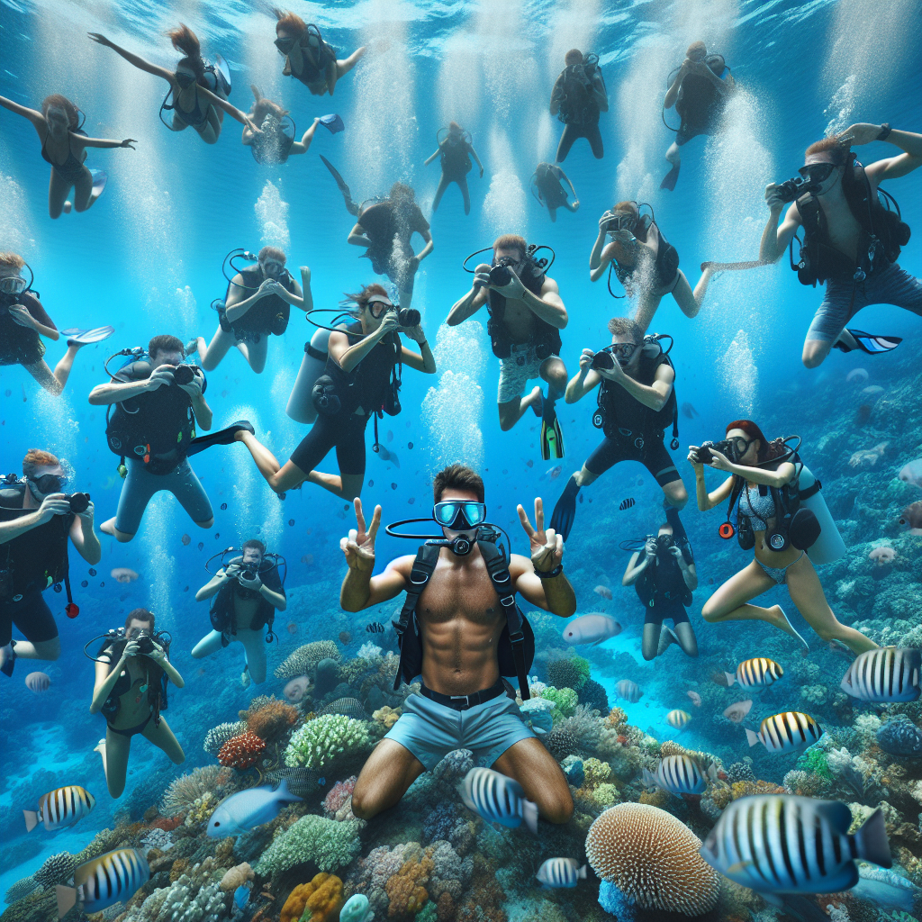 Un groupe de plongeurs prenant une photo sous l'eau, symbolisant le partage sur les réseaux sociaux.