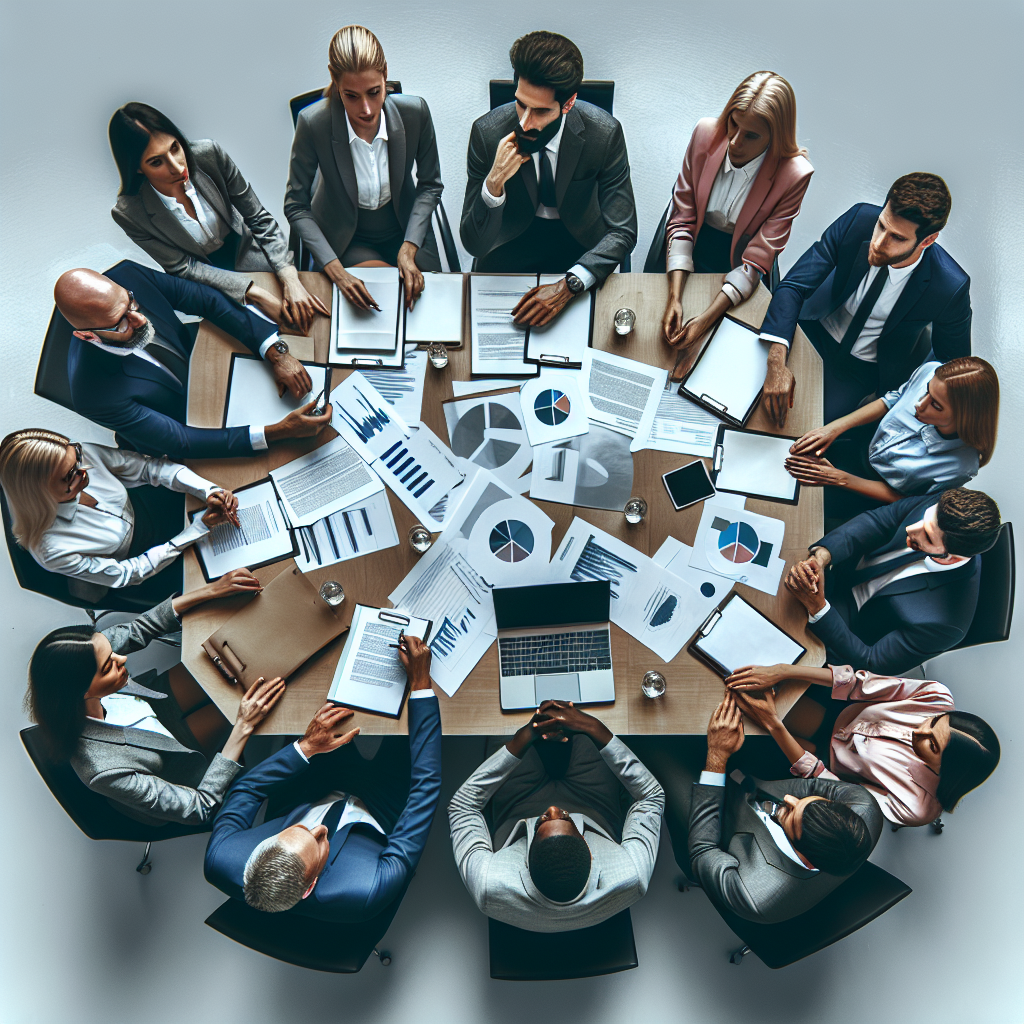 Un groupe de professionnels discutant autour d'une table avec des documents et un ordinateur portable.