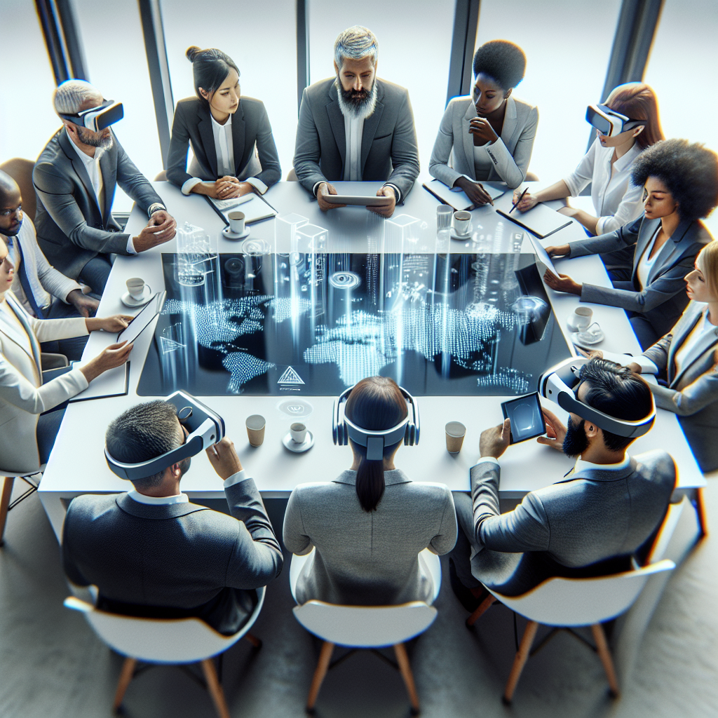 Un groupe de professionnels discutant autour d'une table avec des appareils de réalité augmentée.