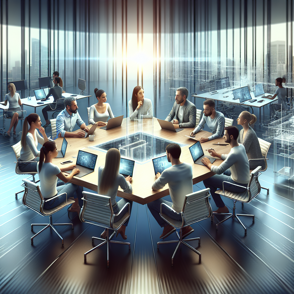 Un groupe diversifié de personnes discutant autour d'une table avec des ordinateurs portables.