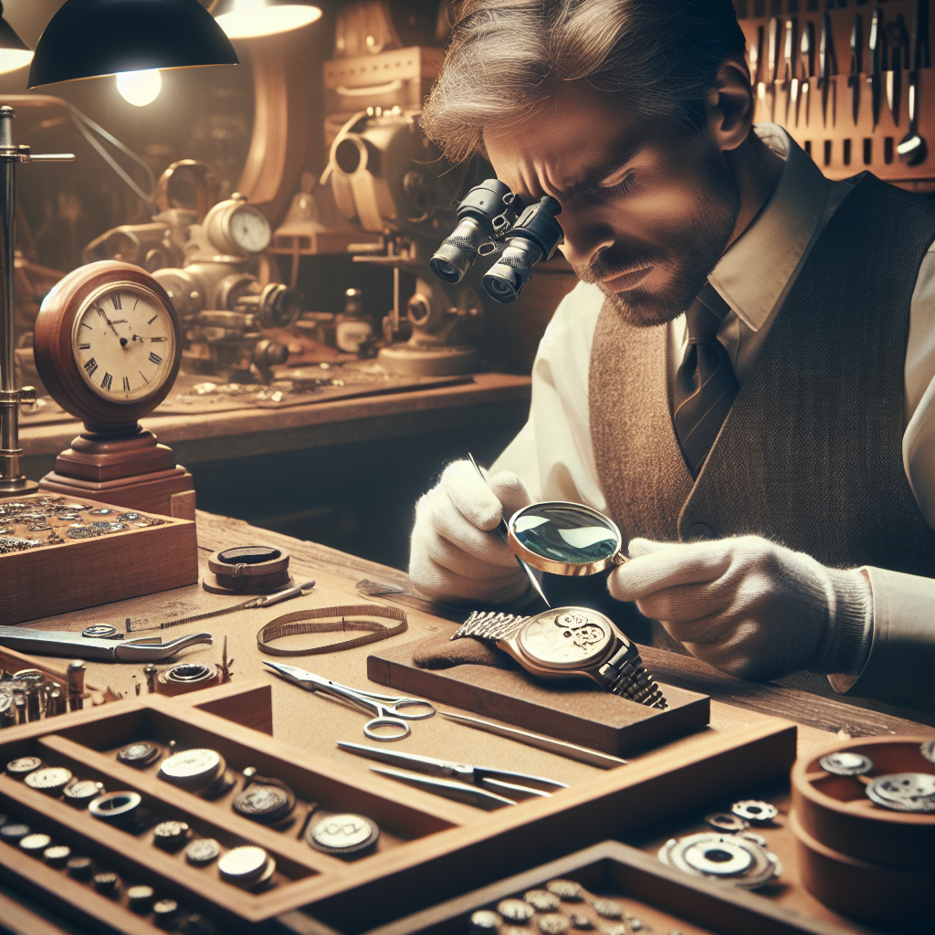 Un horloger en train de réparer une montre dans son atelier.